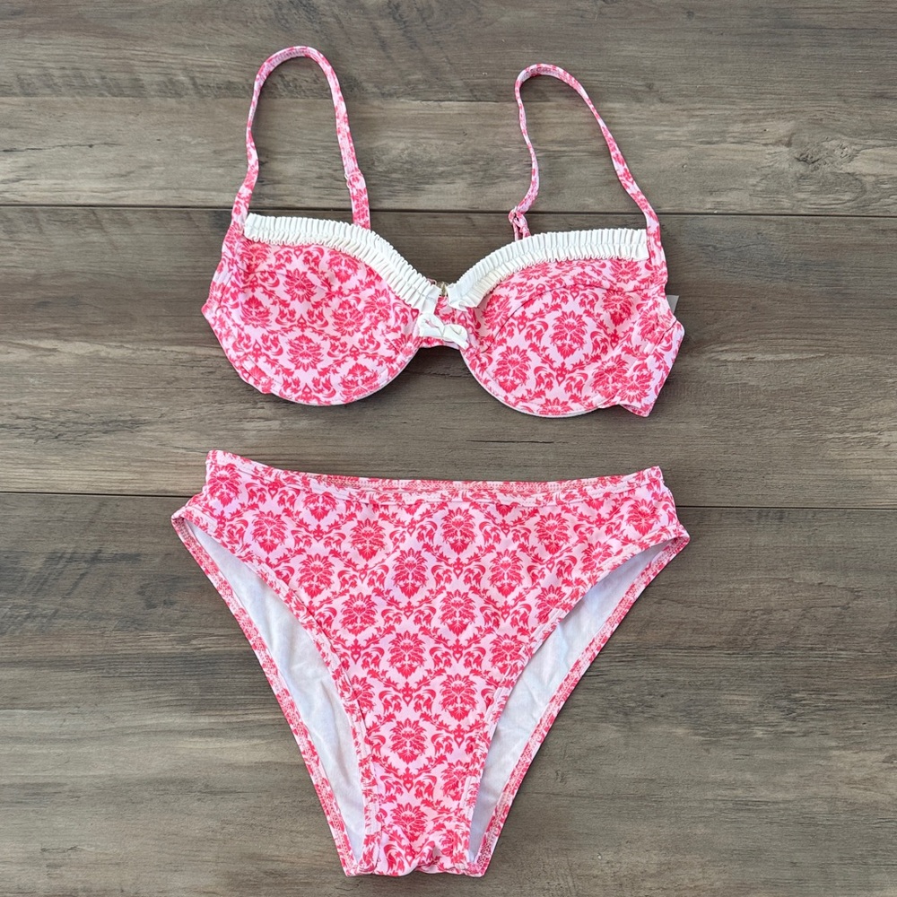 Pink Patterned Underwire Bikini Set - Women Swim